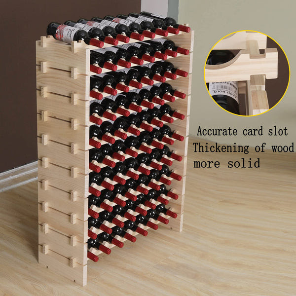 Pine Wood 80-Bottle Freestanding Wine Rack Floor Standing Stackable Storage