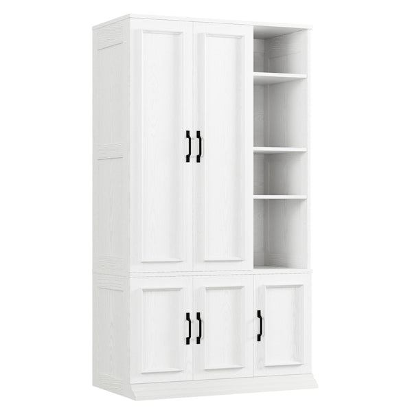 Wooden Wardrobe Closet with 5 Doors, 4 Shelves & Hanging Rod