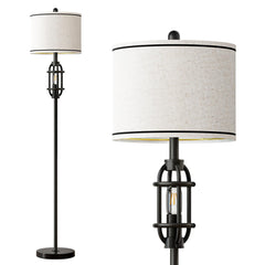 Industrial Floor Lamp with Dual Lights & Linen Shade
