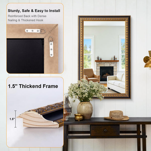 Baroque Wall Mirror – Vintage Gold Rectangular Wood Frame