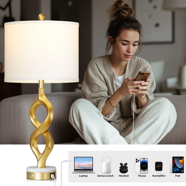 Gold Touch Control Table Lamp with USB Ports & LED Bulb