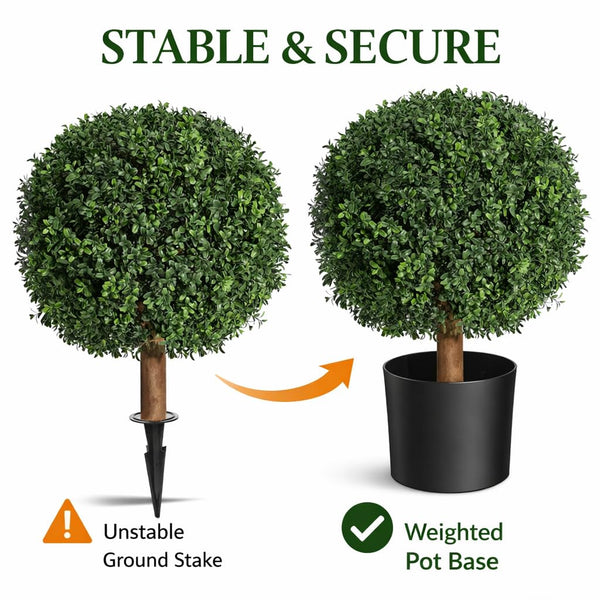 Artificial Boxwood Topiary Trees Set of 2 – UV Resistant Faux Plants in Pots