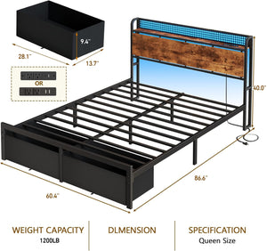 Queen Bed Frame with Storage Headboard, LED Lights & 2 Drawers
