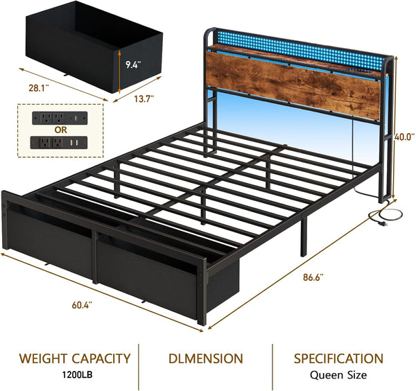 Queen Bed Frame with Storage Headboard, LED Lights & 2 Drawers