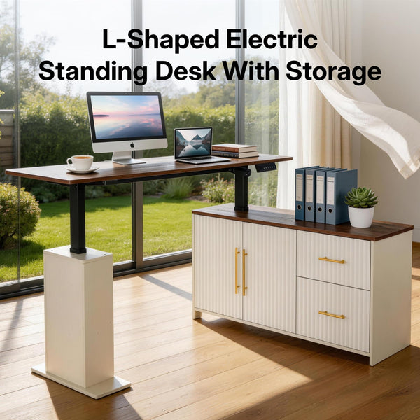 L-Shaped Electric Standing Desk with Drawers & Storage Cabinet
