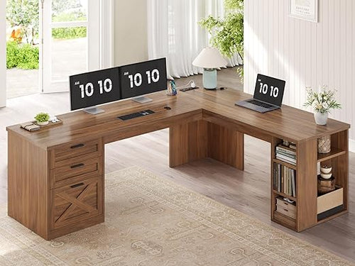 L-Shaped Desk with Drawers, Storage Shelves & Power Outlets