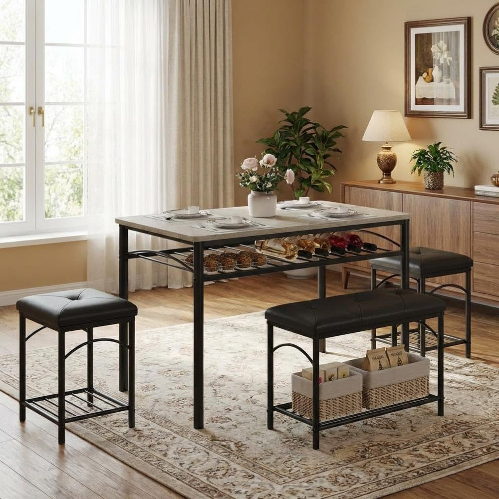 Dining Table Set for 4 with Benches & Stools