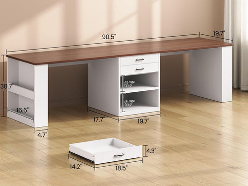 2-Person Computer Desk with Drawers & Storage Shelves, 90.5"