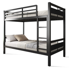 Twin Over Twin Metal Bunk Bed with Ladder and High Guardrail