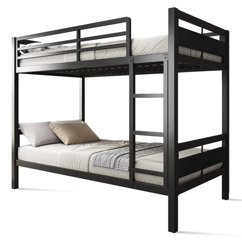 Twin Over Twin Metal Bunk Bed with Ladder and High Guardrail