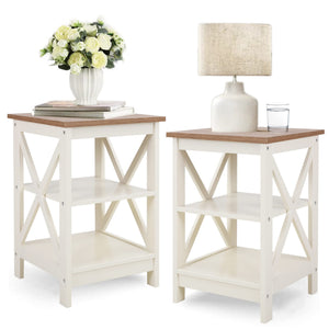 End Table Set of 2 with 3-Tier Shelf – Farmhouse Nightstand