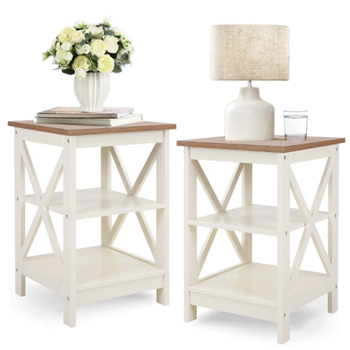 End Table Set of 2 with 3-Tier Shelf – Farmhouse Nightstand