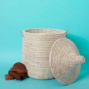 White Wicker Storage Basket with Lid and Handles