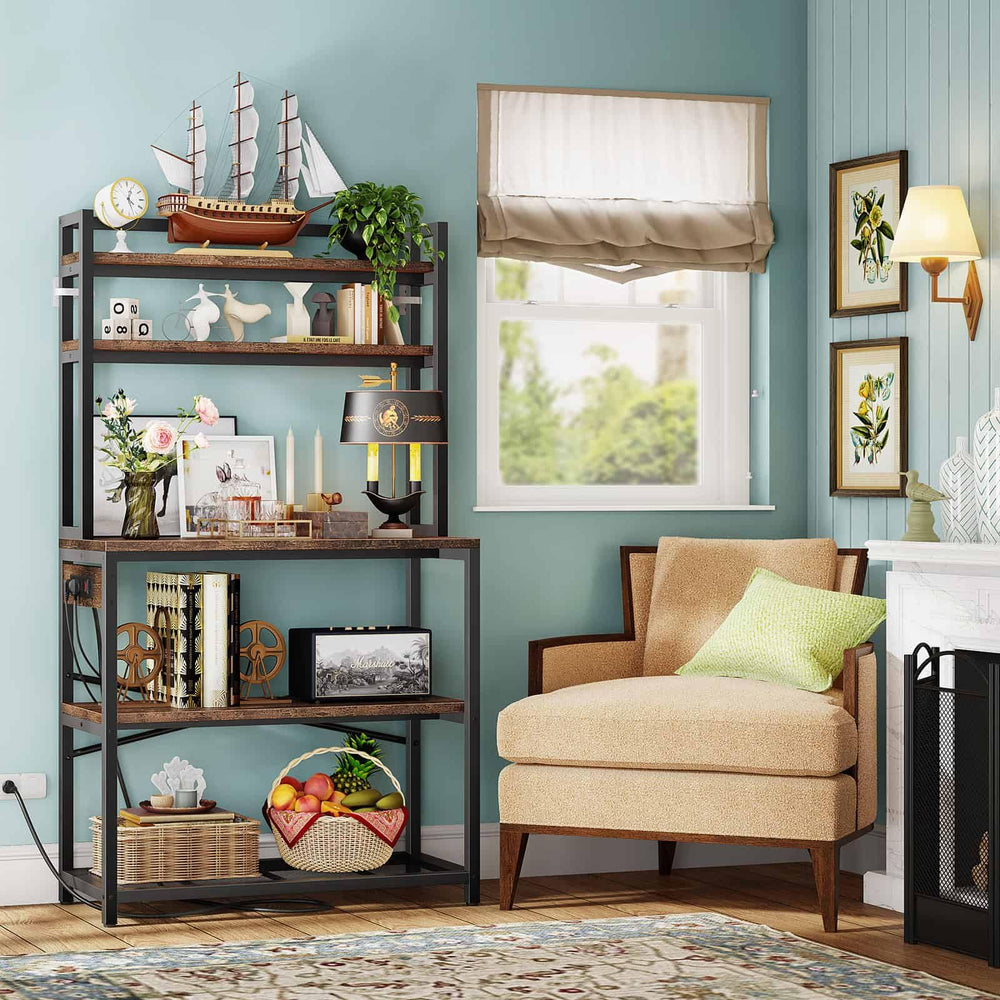 5-Tier Baker's Rack with Power Outlets and Microwave Stand, 38 Inch Kitchen Shelf with Storage