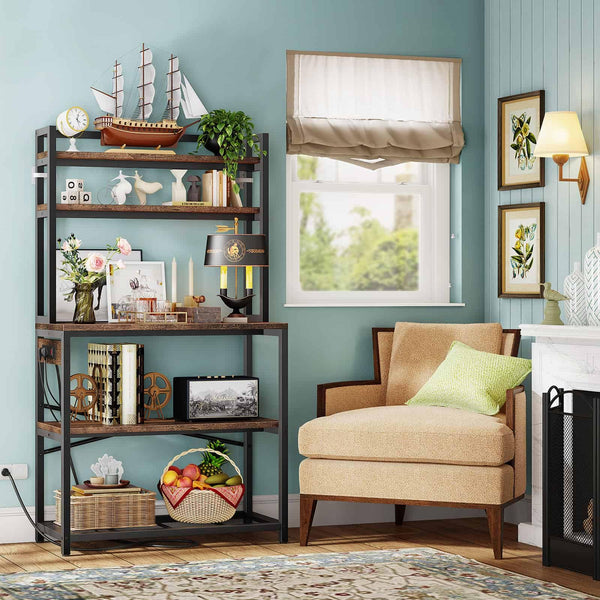 5-Tier Baker's Rack with Power Outlets and Microwave Stand, 38 Inch Kitchen Shelf with Storage