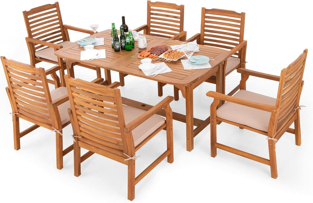 Expandable Acacia Wood Outdoor Dining Set with Cushioned Chairs