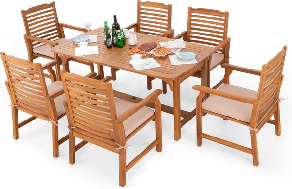 Expandable Acacia Wood Outdoor Dining Set with Cushioned Chairs