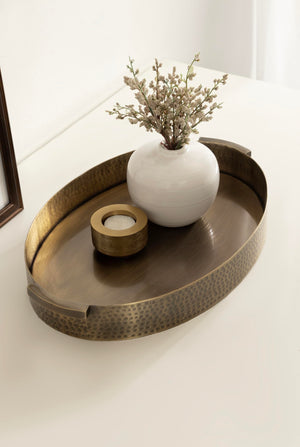 Oval Hammered Metal Decorative Serving Tray with Handles