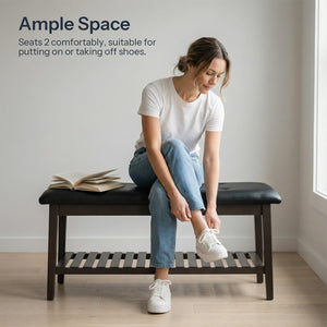 Bamboo Dining & Entryway Bench with PU Leather Seat