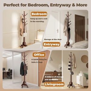 Solid Wood Freestanding Coat Rack with 8 Hooks