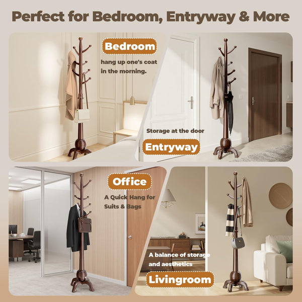 Solid Wood Freestanding Coat Rack with 8 Hooks