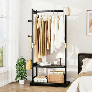 Solid Wood Coat Rack with 2 Shelves & 4 Hooks