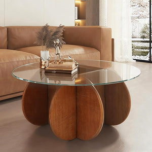 Round Glass Coffee Table with Wood Base