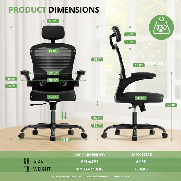 Ergonomic High Back Mesh Office Chair with Flip-Up Armrests – 330 lbs Capacity