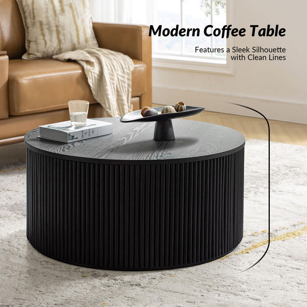 Fluted Round Coffee Table with Lift-Top Storage