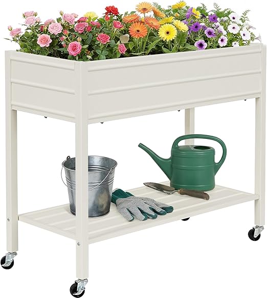 32" Tall Galvanized Raised Garden Bed with Wheels & Shelf