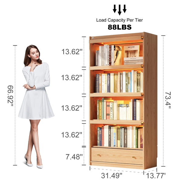 Tall Solid Wood Bookcase with Glass Doors and LED Lights