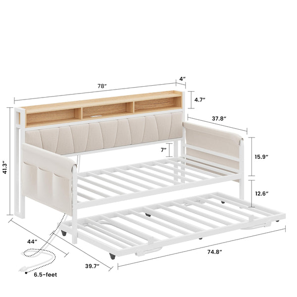 Twin Daybed with Trundle, Upholstered Storage Headboard & Charging Station
