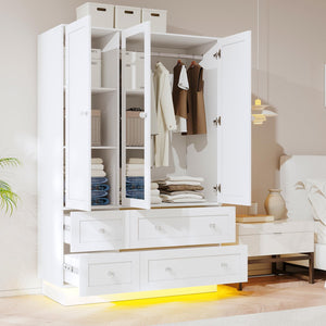 LED Wardrobe Closet with Mirror, 4 Drawers & Hanging Rod