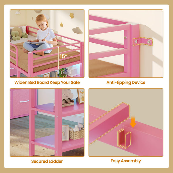 Twin Low Loft Bed with LED Lights & Storage Drawers