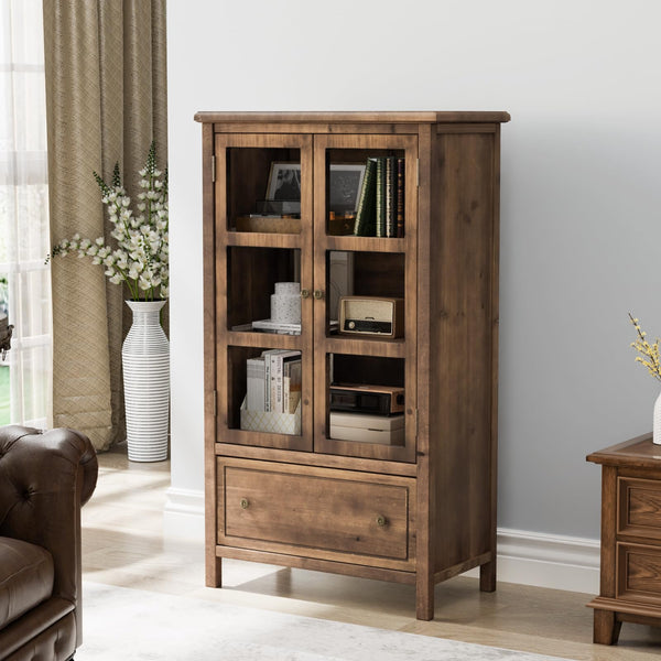 Glass Door Storage Cabinet with Drawer and Wood Legs