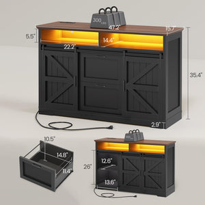 47.2" File Cabinet with 2 Drawers, Barn Door & LED Lights