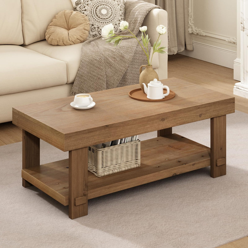 Farmhouse Solid Wood Coffee Table with Storage Shelf