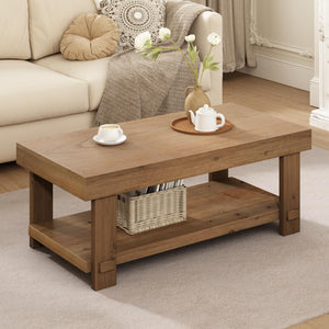 Farmhouse Solid Wood Coffee Table with Storage Shelf