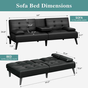64" Futon Sofa Bed Convertible Loveseat with Cup Holders & Adjustable Angles – PU Leather Black