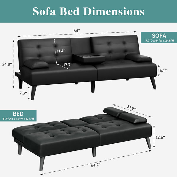 64" Futon Sofa Bed Convertible Loveseat with Cup Holders & Adjustable Angles – PU Leather Black