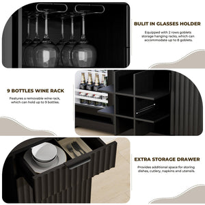Fluted Coffee Bar Cabinet with Built-In Mini Fridge, Wine Rack & Glass Holder