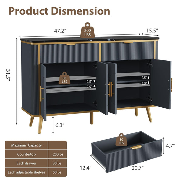 47.2" Fluted Buffet Storage Cabinet with Drawers & Adjustable Shelves