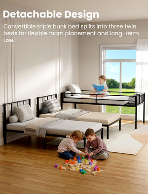 Metal Triple Bunk Bed with Guardrails & Ladder — Twin, Twin XL & Queen Options