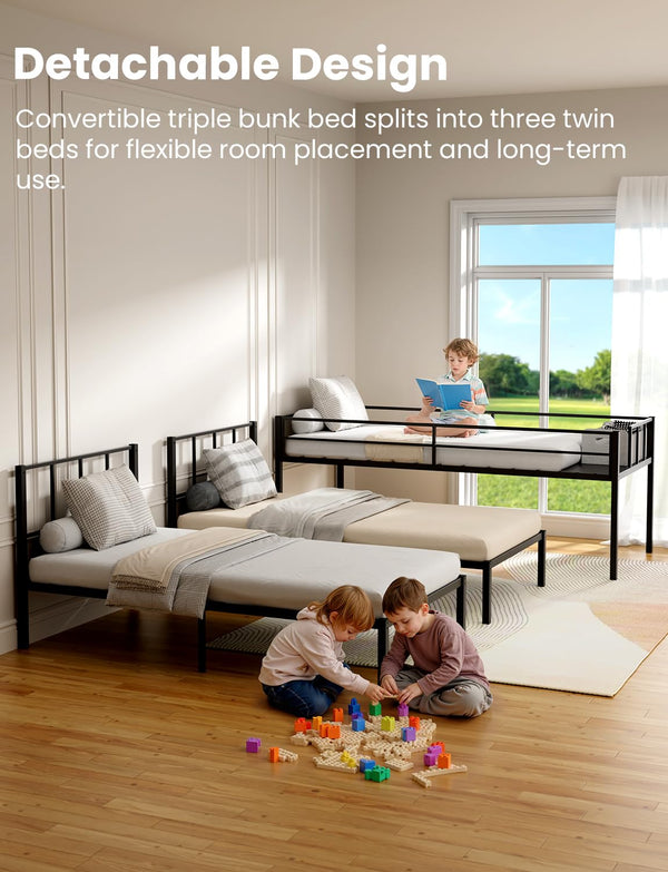 Metal Triple Bunk Bed with Guardrails & Ladder — Twin, Twin XL & Queen Options