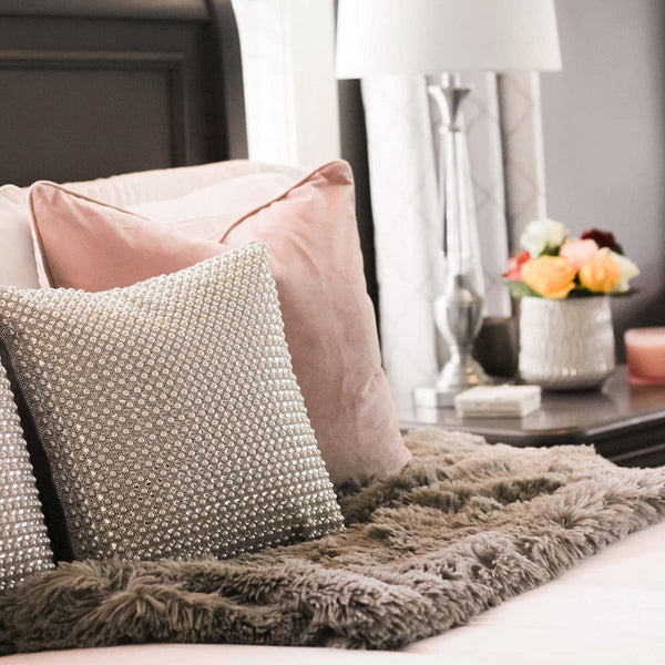 Decorative Throw Pillow with Pearl & Rhinestone Embellishment
