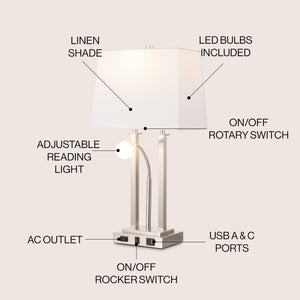 2-Light Modern Farmhouse LED Table Lamp with USB and Reading Light