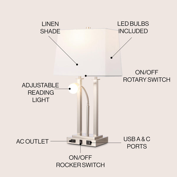 2-Light Modern Farmhouse LED Table Lamp with USB and Reading Light