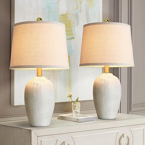 Farmhouse Ceramic Table Lamp Set of 2 with LED Bulbs