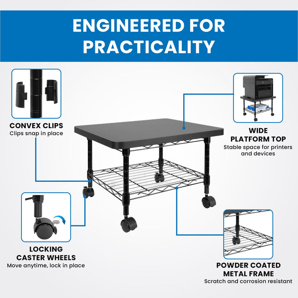 Rolling Under Desk Printer Stand with Wheels, 2-Tier Storage Cart