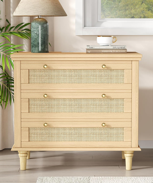 Wide Rattan Nightstand with Charging Station & 3 Drawers